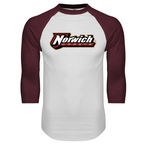 White/Maroon Raglan Baseball T Shirt-Norwich Wordmark