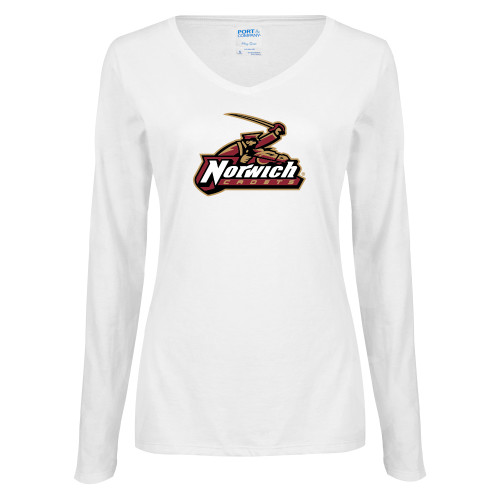 Womens White Long Sleeve V Neck Tee-Primary Mark