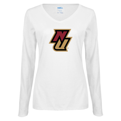 Womens White Long Sleeve V Neck Tee-NU