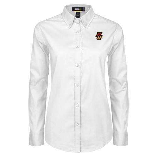 Womens White Twill Button Down Long Sleeve-NU