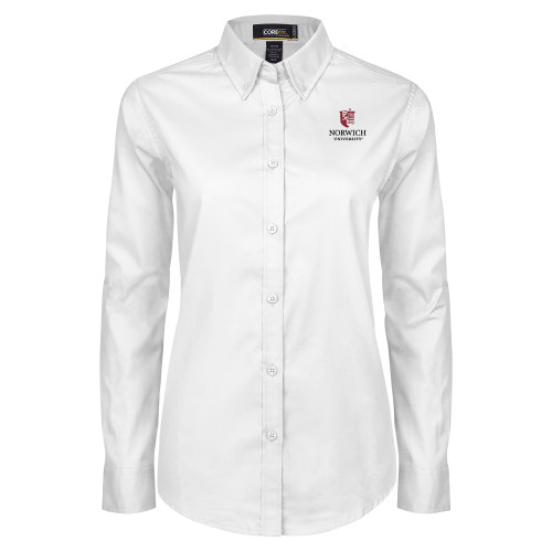 Womens White Twill Button Down Long Sleeve-University Mark