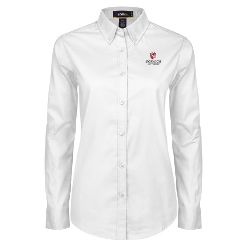 Womens White Twill Button Down Long Sleeve-University Mark