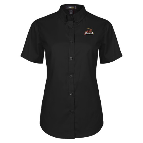 Womens Black Twill Button Up Short Sleeve-Primary Mark