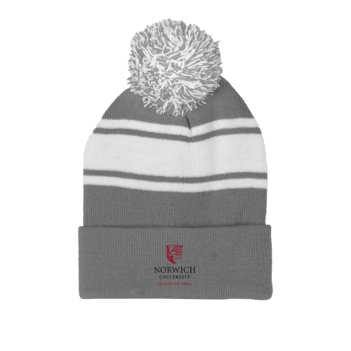 Grey/White Two Tone Knit Pom Beanie w/Cuff-Institutional logo Class of 2004
