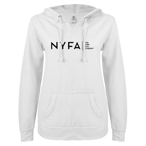  ENZA Womens White V Notch Raw Edge Fleece Hoodie - NYFA Tagline