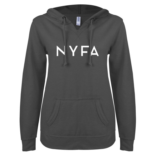  ENZA Womens Dark Heather V Notch Raw Edge Fleece Hoodie - NYFA Primary Mark