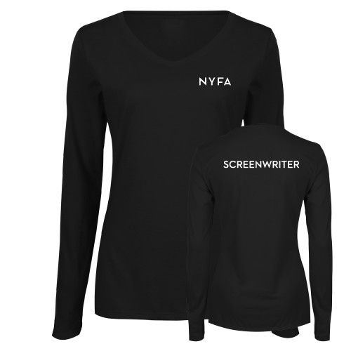  Womens Black Long Sleeve V Neck Tee  - NYFA Primary Mark