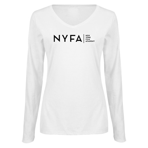  Womens White Long Sleeve V Neck Tee  - NYFA Tagline