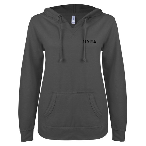  ENZA Womens Dark Heather V Notch Raw Edge Fleece Hoodie - NYFA Primary Mark - TONE