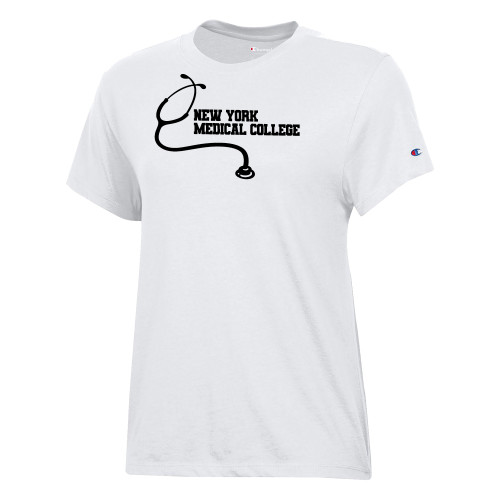  Champion Womens  White Core Short Sleeve Tee - New York Med College Stethoscope
