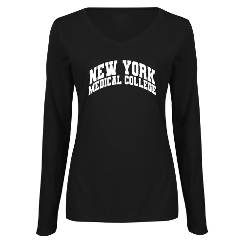  Womens Black Long Sleeve V Neck Tee  - New York Medical College Spirit Mark Arched
