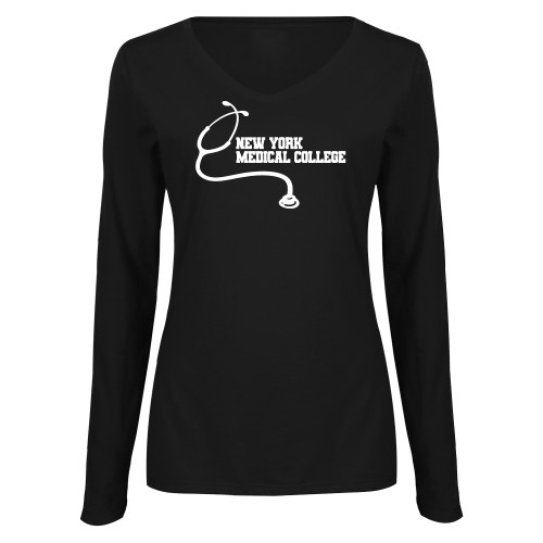  Womens Black Long Sleeve V Neck Tee  - New York Med College Stethoscope