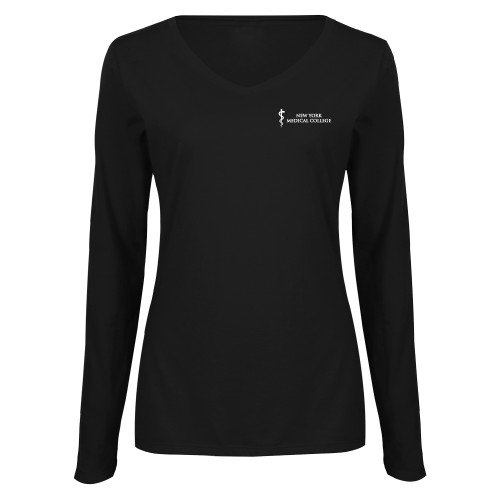  Womens Black Long Sleeve V Neck Tee  - New York Medical College - Caduceus