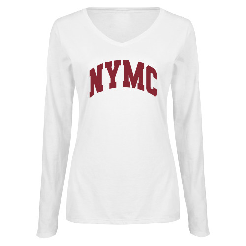  Womens White Long Sleeve V Neck Tee  - NYMC Spirit Mark Arched