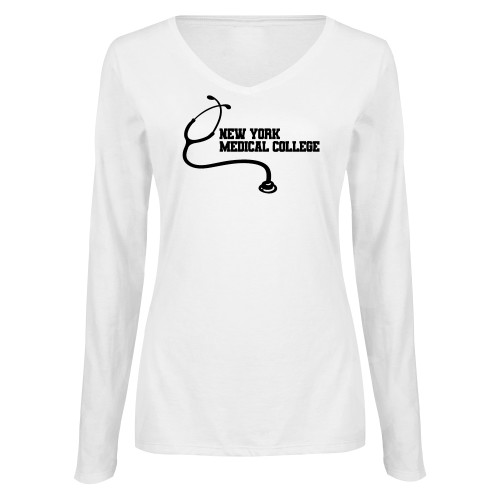  Womens White Long Sleeve V Neck Tee  - New York Med College Stethoscope