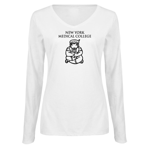  Womens White Long Sleeve V Neck Tee  - New York Med College Frog