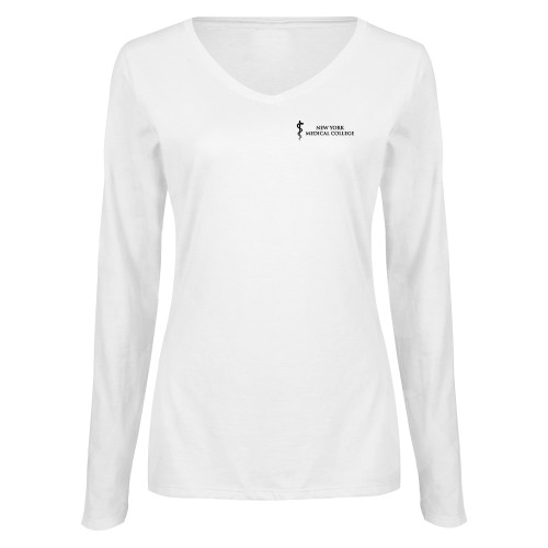  Womens White Long Sleeve V Neck Tee  - New York Medical College - Caduceus