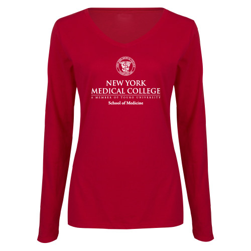  Womens Cardinal Long Sleeve V Neck Tee  - NYMC School of Medicine Stacked