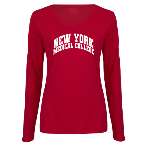  Womens Cardinal Long Sleeve V Neck Tee  - New York Medical College Spirit Mark Arched