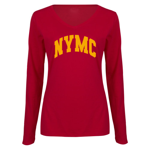  Womens Cardinal Long Sleeve V Neck Tee  - NYMC Spirit Mark Arched