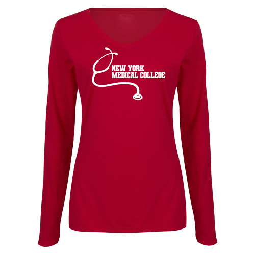  Womens Cardinal Long Sleeve V Neck Tee  - New York Med College Stethoscope