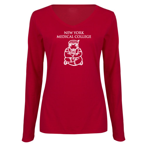  Womens Cardinal Long Sleeve V Neck Tee  - New York Med College Frog