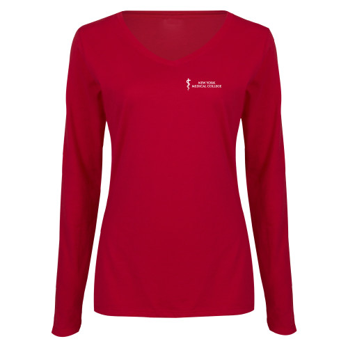  Womens Cardinal Long Sleeve V Neck Tee  - New York Medical College - Caduceus