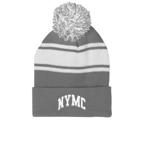  Grey/White Two Tone Knit Pom Beanie w/Cuff - NYMC Spirit Mark Arched