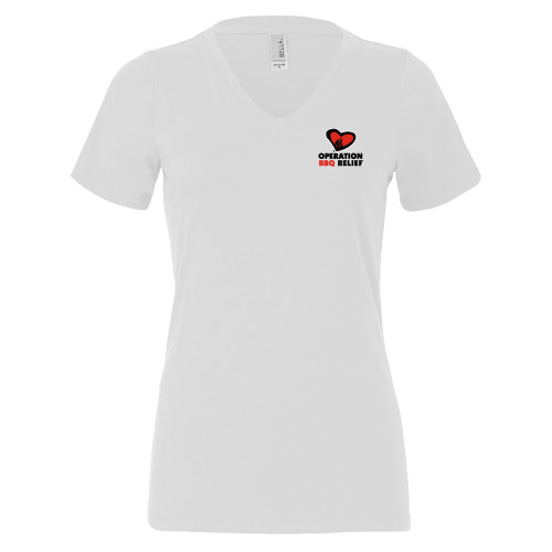  Bella + Canvas Womens White V Neck Cotton T Shirt - OBR Vertical Primary Mark