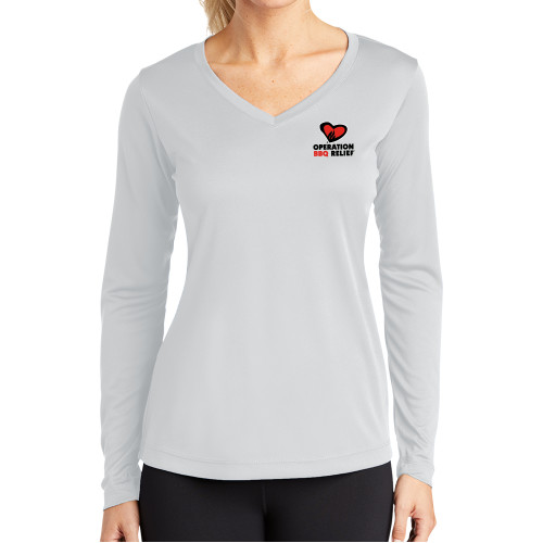  Womens White Performance Long Sleeve V Neck Shirt - OBR Vertical Primary Mark