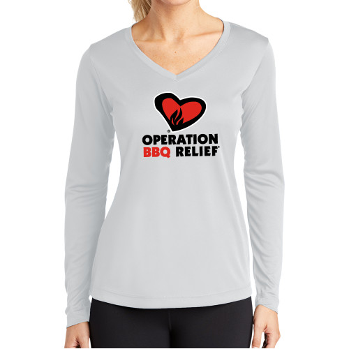  Womens White Performance Long Sleeve V Neck Shirt - OBR Vertical Primary Mark