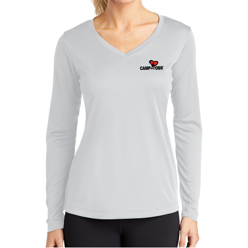  Womens White Performance Long Sleeve V Neck Shirt - Camp OBR