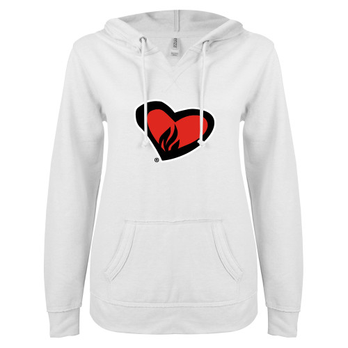  ENZA Womens White V Notch Raw Edge Fleece Hoodie - OBR Heart Icon