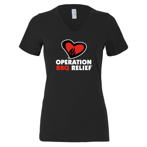  Bella + Canvas Womens Black V Neck Cotton T Shirt - OBR Vertical Primary Mark