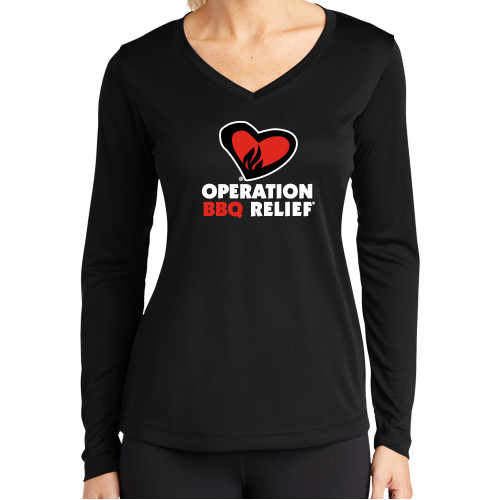  Womens Black Performance Long Sleeve V Neck Shirt - OBR Vertical Primary Mark