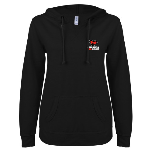  ENZA Womens Black V Notch Raw Edge Fleece Hoodie - OBR Vertical Primary Mark