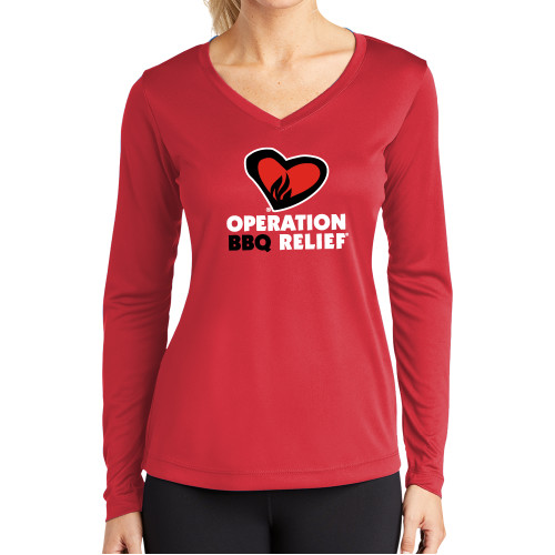  Womens Red Performance Long Sleeve V Neck Shirt - OBR Vertical Primary Mark