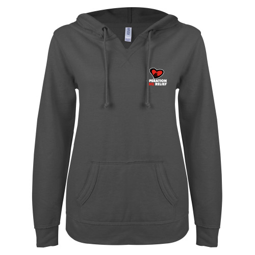  ENZA Womens Dark Heather V Notch Raw Edge Fleece Hoodie - OBR Vertical Primary Mark