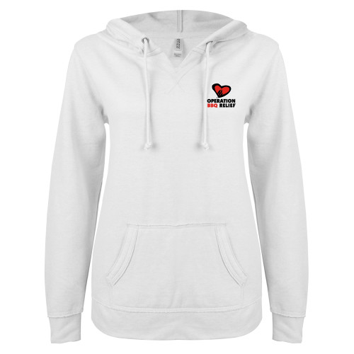  ENZA Womens White V Notch Raw Edge Fleece Hoodie - OBR Vertical Primary Mark