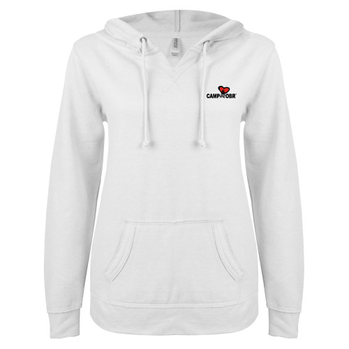  ENZA Womens White V Notch Raw Edge Fleece Hoodie - Camp OBR