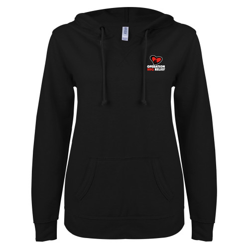  ENZA Womens Black V Notch Raw Edge Fleece Hoodie - OBR Vertical Primary Mark