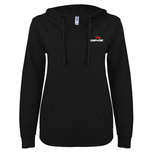  ENZA Womens Black V Notch Raw Edge Fleece Hoodie - Camp OBR