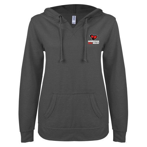  ENZA Womens Dark Heather V Notch Raw Edge Fleece Hoodie - OBR Vertical Primary Mark