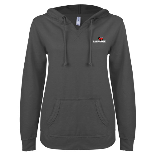  ENZA Womens Dark Heather V Notch Raw Edge Fleece Hoodie - Camp OBR