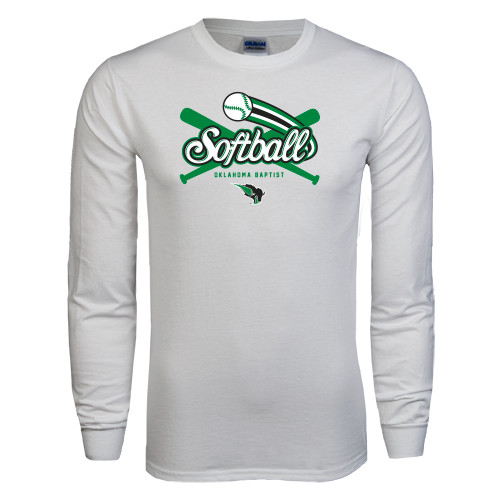  White Long Sleeve T Shirt - Softball Crossed Bats