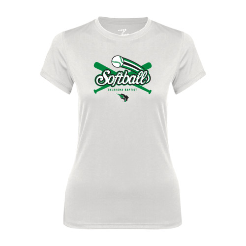  Womens White Performance Tee - Softball Crossed Bats