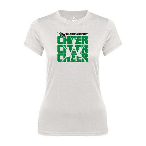  Womens White Performance Tee - Cheer Stacked