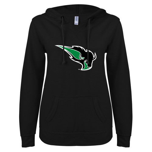  ENZA Womens Black V Notch Raw Edge Fleece Hoodie - Power Bison