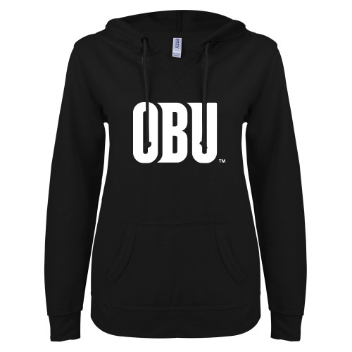  ENZA Womens Black V Notch Raw Edge Fleece Hoodie - OBU Wordmark