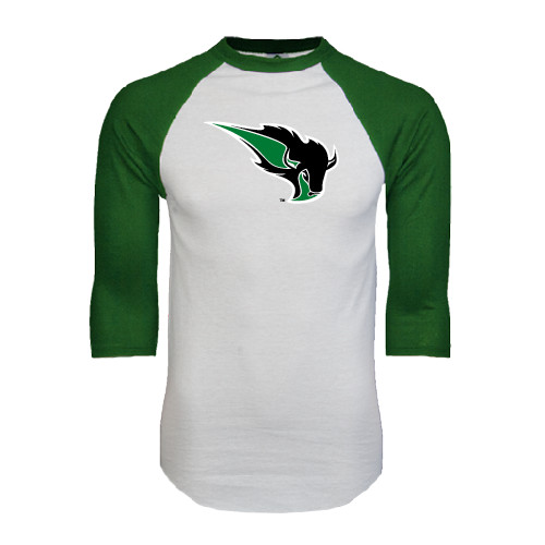  White/Dark Green Raglan Baseball T Shirt - Power Bison